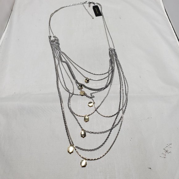 CACHE multi-layered 9-strand layered silver necklace with gold charms - Picture 2 of 9